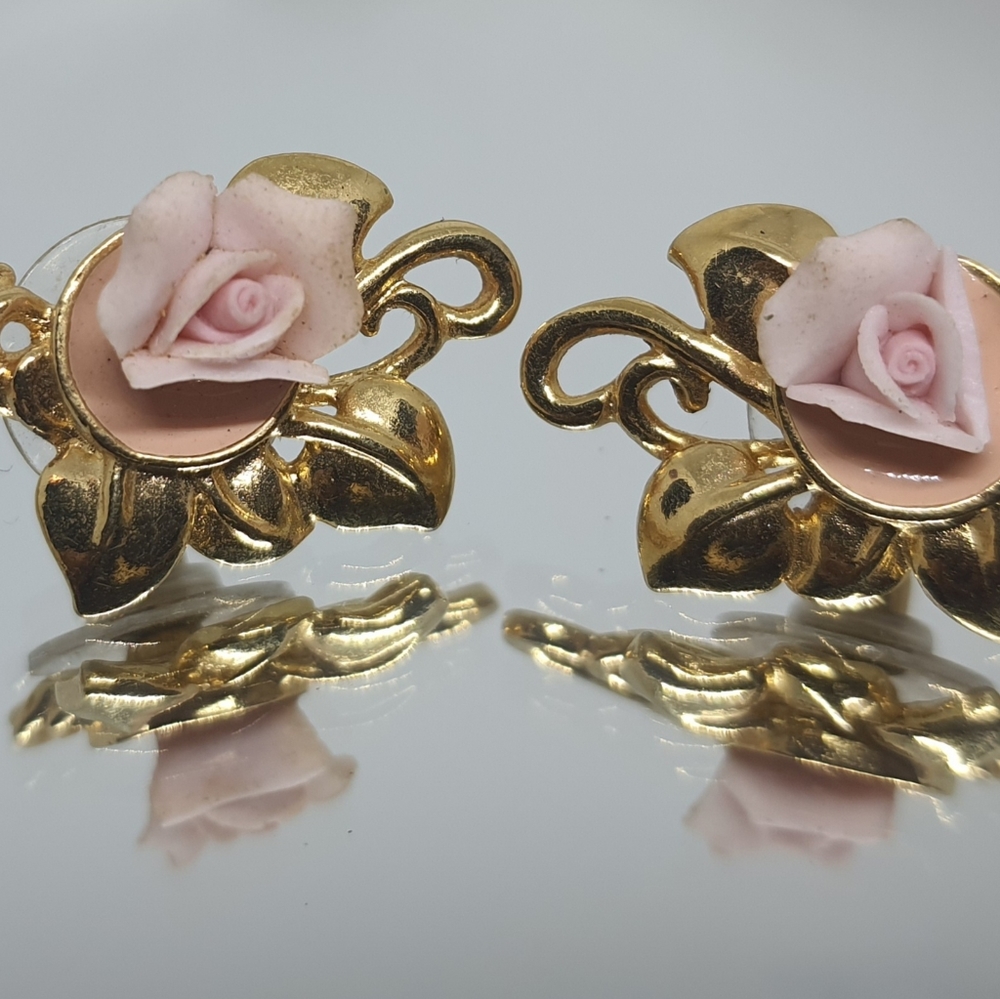 Gold & Pink Rose Enamel Earrings